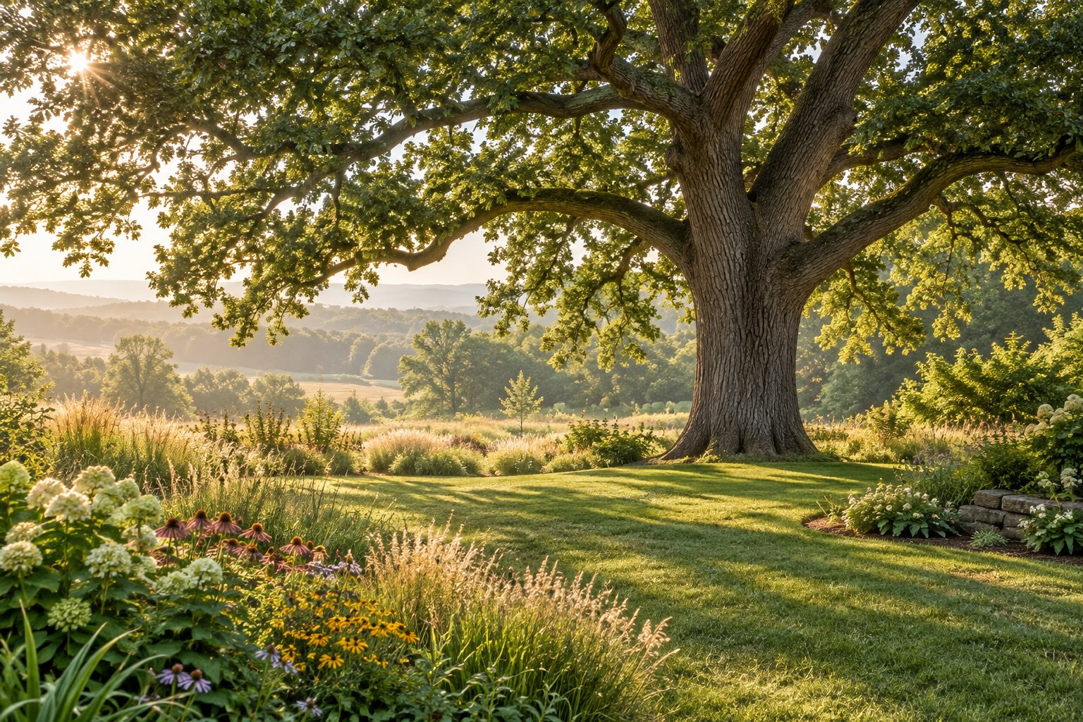 Concept image of a mature oak in a sunlit garden