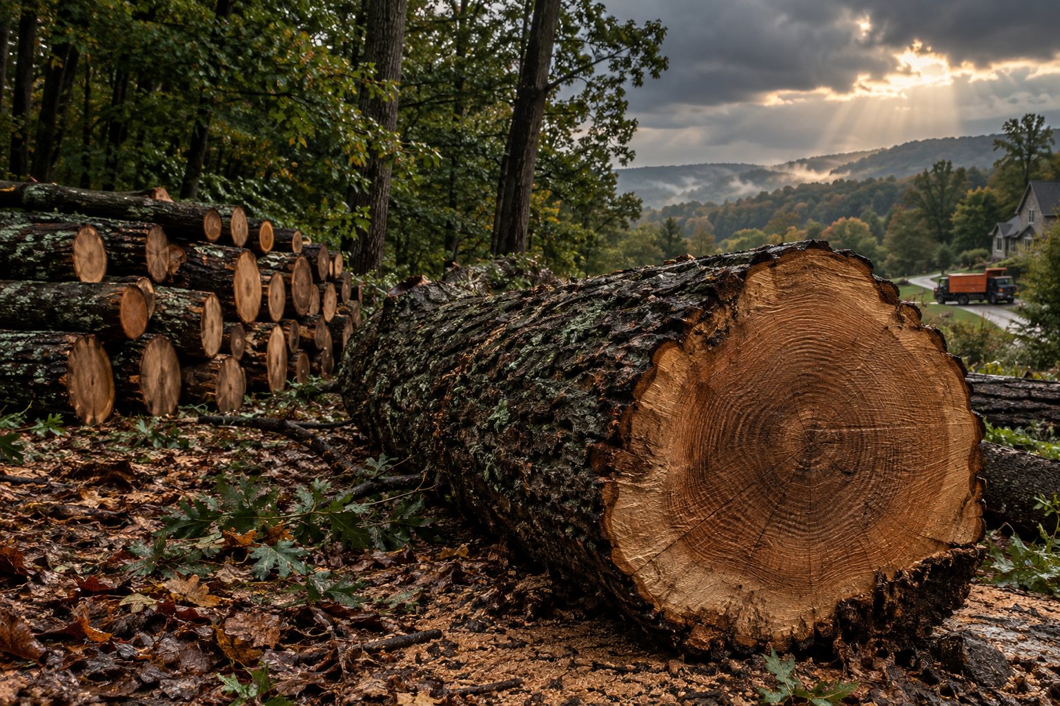 Concept image of cut timber on a wooded property